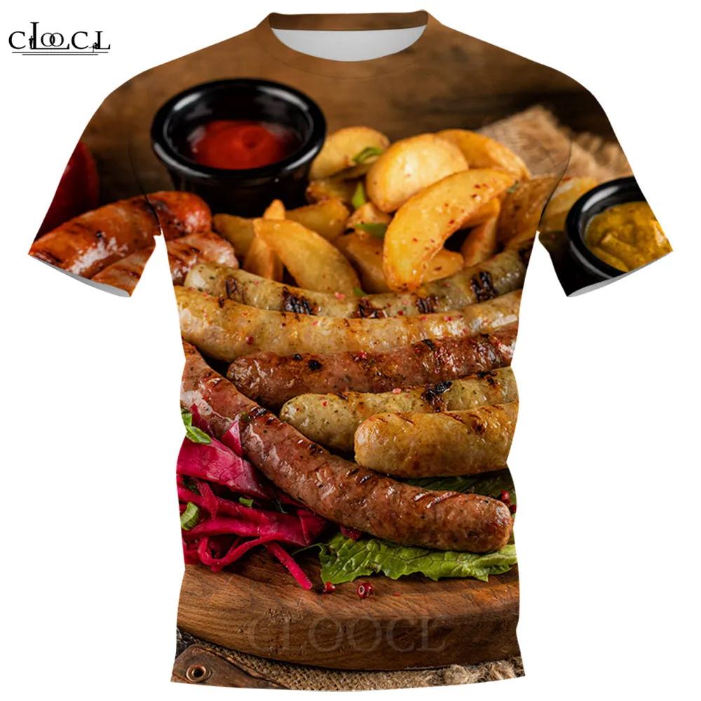 Yummy Food Graphic 3D Print T-shirts Delicacy Grilled Sausages Pullovers Summer Round Neck Fashionable Casual Short Sleeved Men's T-shirts