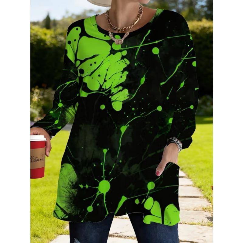Women's Long-sleeved Round-neck T-shirt, Suitable for Spring, Autumn and Winter Seasons. It Has Pockets and Print Designs. Machine Washable.