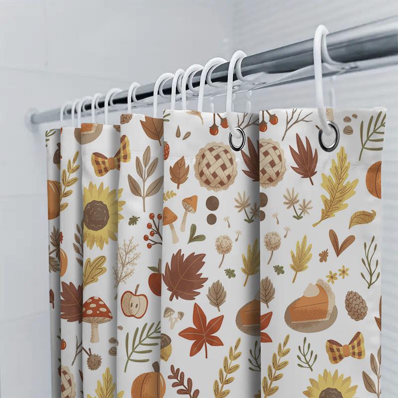 Fall Leaves Pumpkins Shower Curtain Decorative Bath Rug Set For Thanksgiving, Autumn Home Bathroom Decor White Color (180X240Cm)