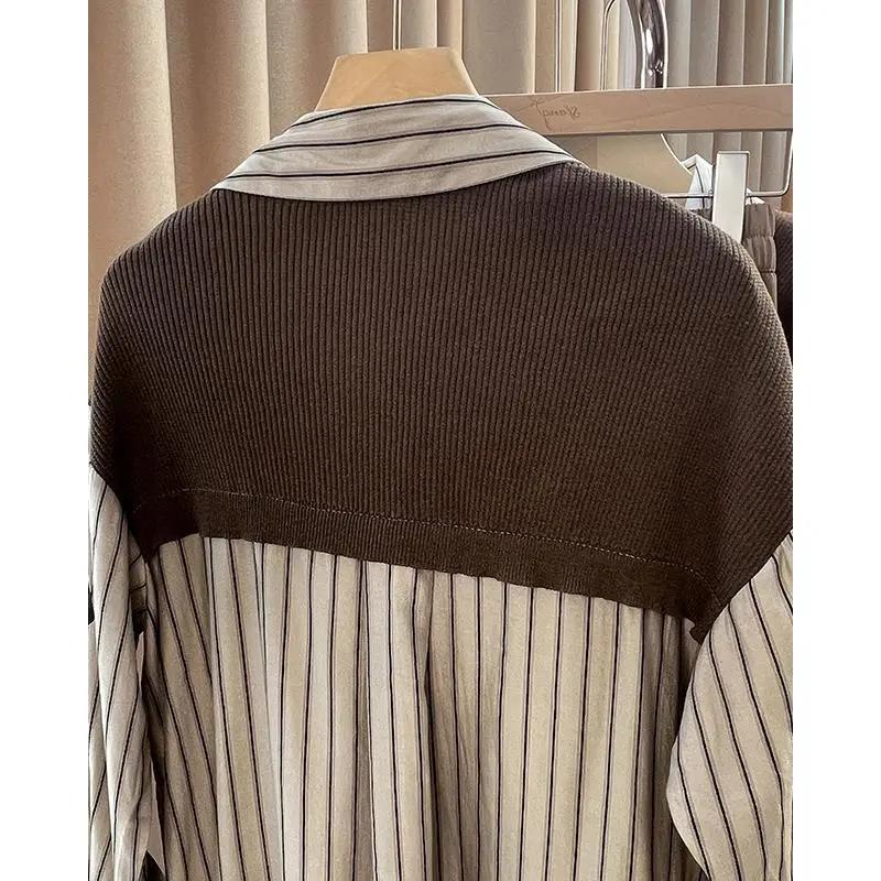 Spring Autumn Fake Two-piece Women's Shirt Brown Kintted Shawl Back Vertical Stripe Shirt Blouse French Style Women's Shirt