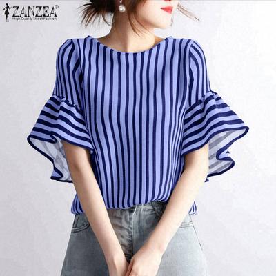 Women Casual Round Neck Loose Flare Sleeve Stripe Blouse