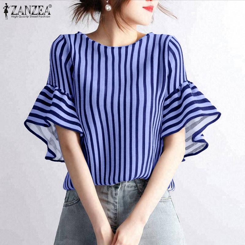 ZANZEA Kvinner Casual Rund Hals Løs Flare Erme Stripe Bluse