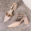 Temperament style! Hollow nude French single shoes 2025 spring and summer new thick heel pointed high heels women's rivet sandals