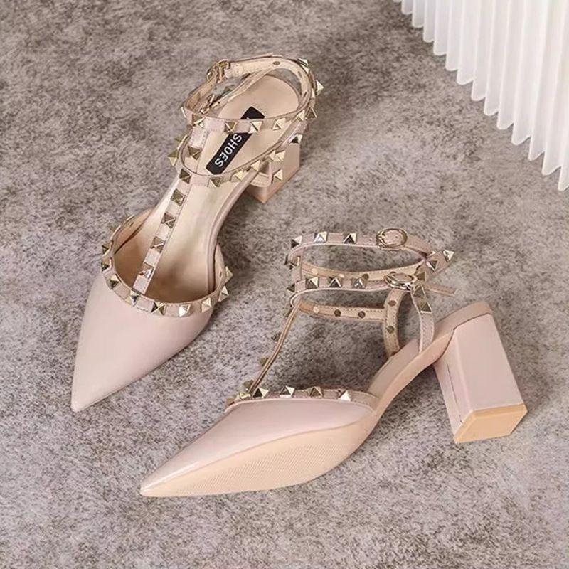 Temperament style! Hollow nude French single shoes 2025 spring and summer new thick heel pointed high heels women's rivet sandals