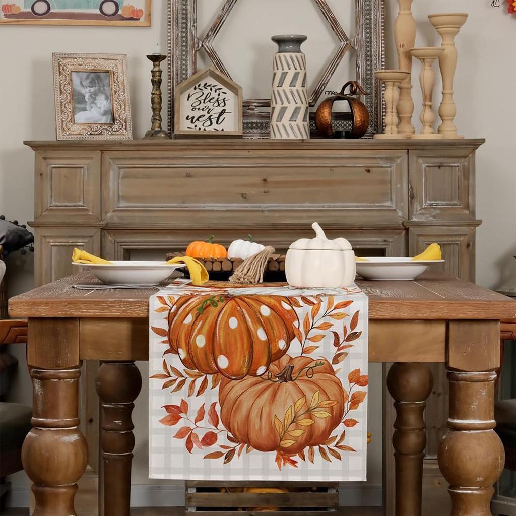Pumpkin Leaf Print Table Runner for Thanksgiving - Polyester Linen Decoration