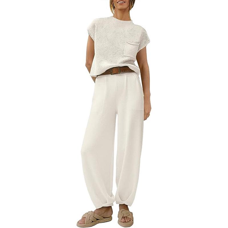 2023 Women's Two-Piece Casual Knit Sweater Set - Short Sleeve, Comfortable Fashion Outfit