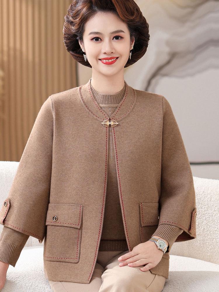 Conjunto de Punto de Dos Piezas de Lana Roja Hengyuanxiang para Mujeres de Mediana Edad y Mayores - Atuendo Feliz para el Día de la Suegra Otoño/Invierno.