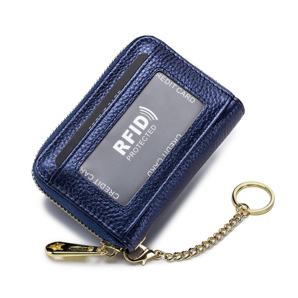 Genuine Leather Men Women Rfid Credit Card Holder Small Zipper Wallet Solid Coin Purse Key Ring ID Pocard Slot Mini Money Bag