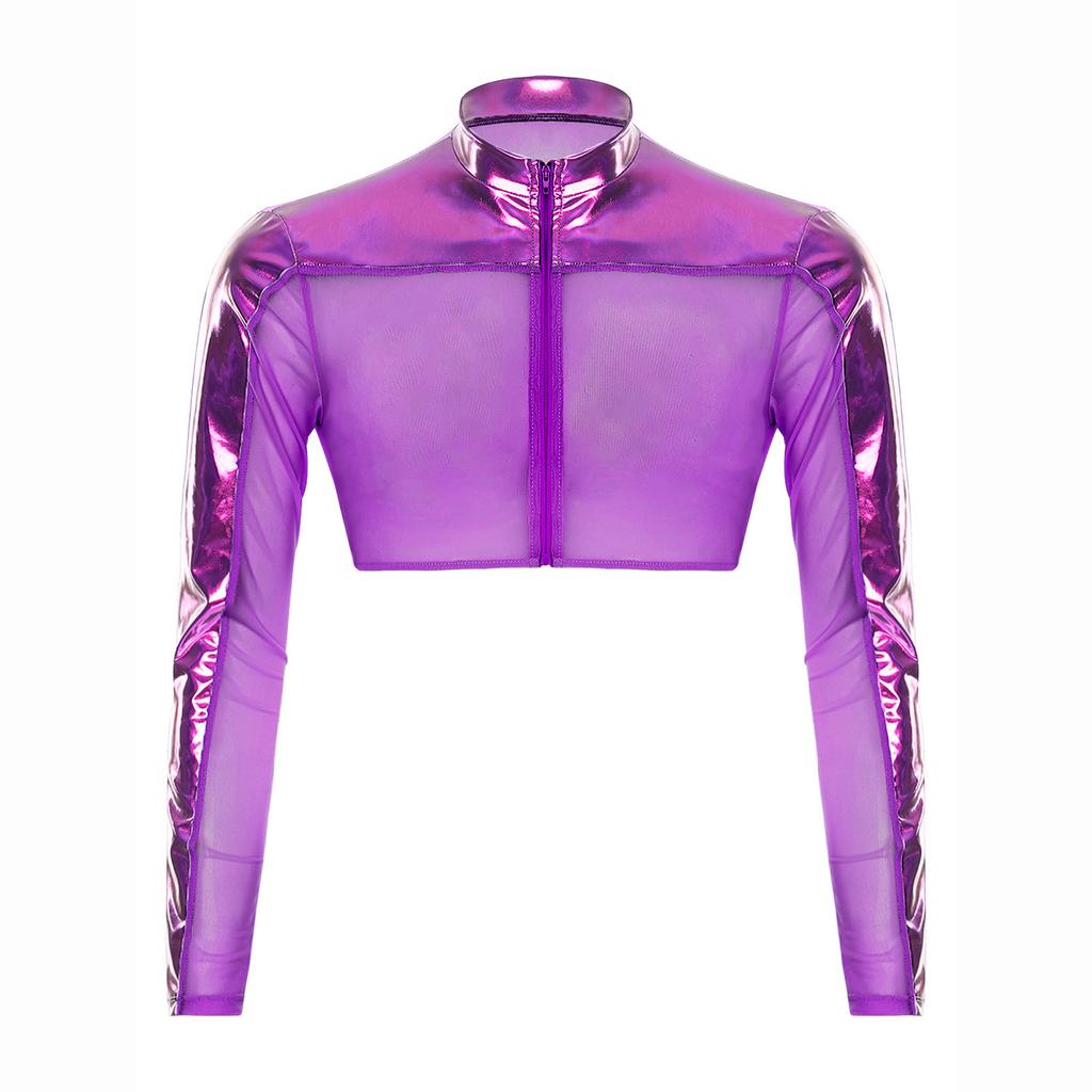 Men Mesh See Through Top Crew Neck Long Sleeve Front Zipper Half Shirt Breathable Metallic Club Top