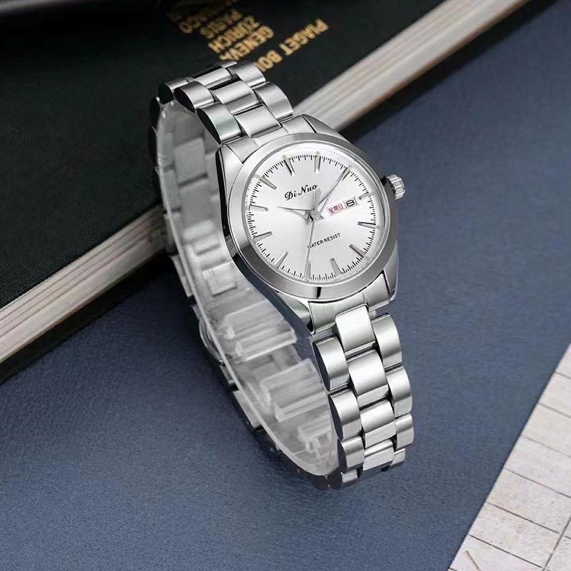 DINUO Waterproof Couple s Quartz Watch - Double Calendar, Solid Steel Band for Men & Women, Model 5845