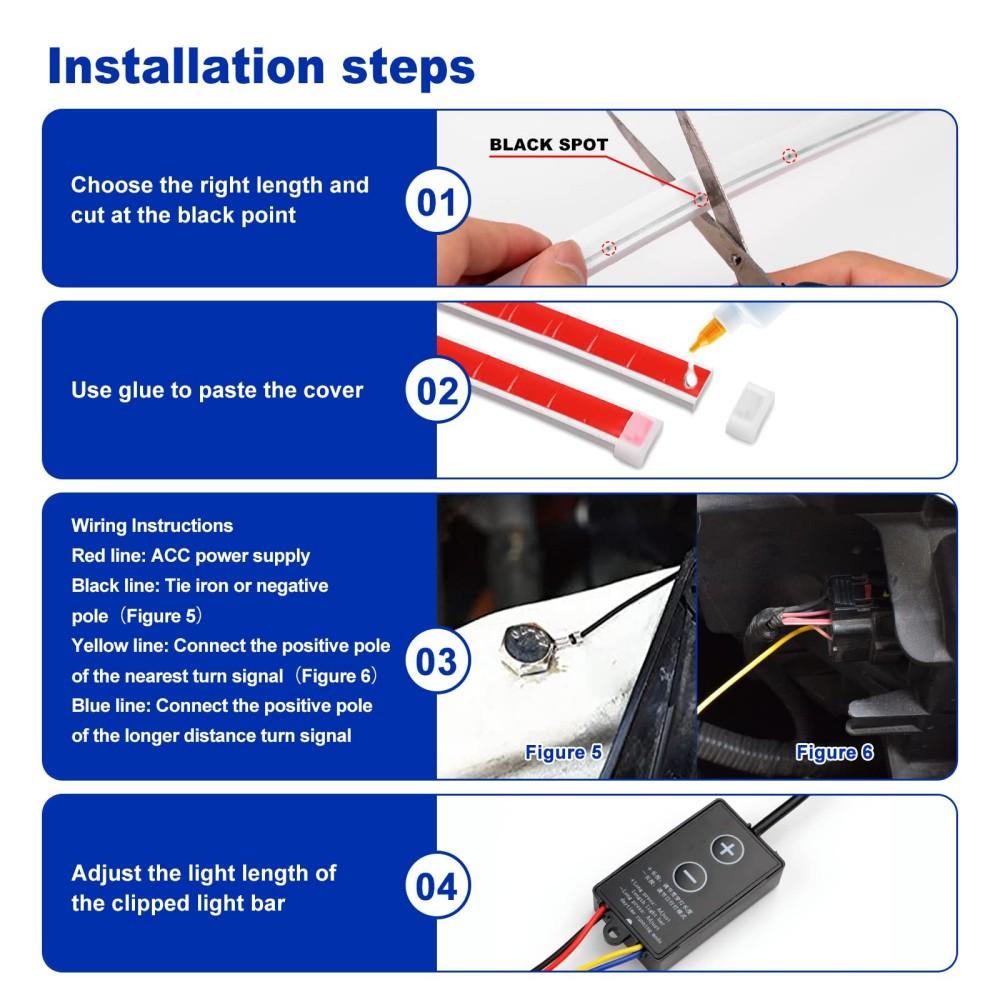LED Car Daytime Running Light Strip - Blue & Yellow Dual Color Plug And Play Start Scan Turn Signal 12V Universal Car Hood Light
