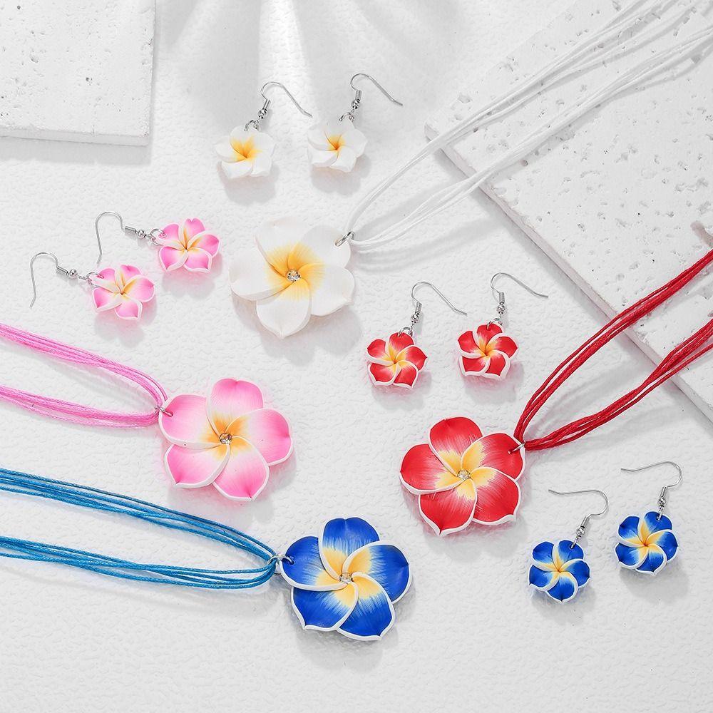 Soft Clay Plumeria Flower Jewelry Set Plumeria Flower Design Bohemian Style Flower Necklace Earrings Set Matching Earrings