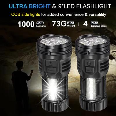High Power LED Flashlight with COB Side Lamp USB-C Rechargeable Waterproof Mini Torch for Outdoor Camping Hiking & Emergencies