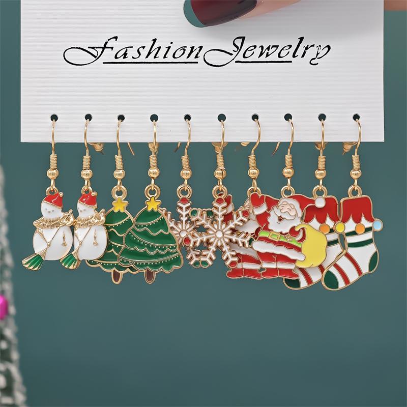 5 Pairs Christmas Earring Set For Women Cartoon Dripping Oil Santa Claus Snowflake Xmas Tree Elk Earrings New Year Party Jewelry