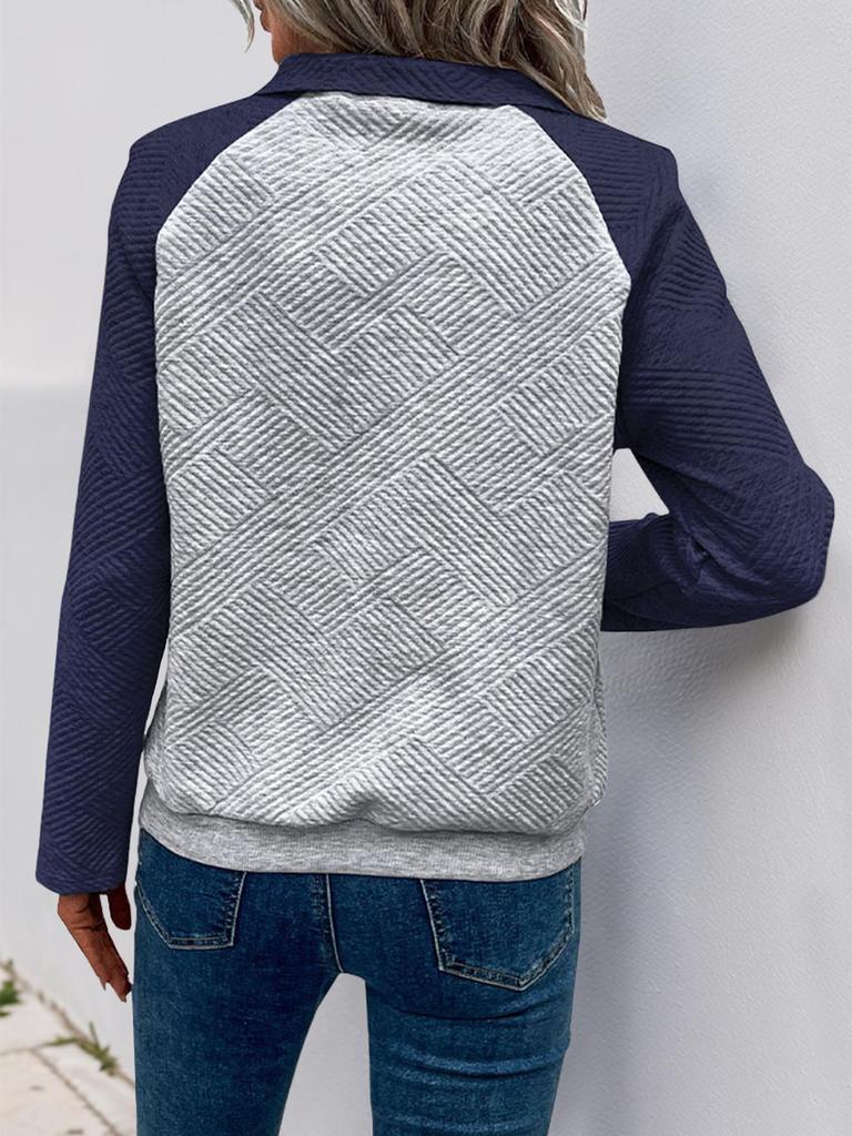 Women's Autumn/Winter 2026 Color Block Polo Collar Hoodie - Casual Simple Style Pullover