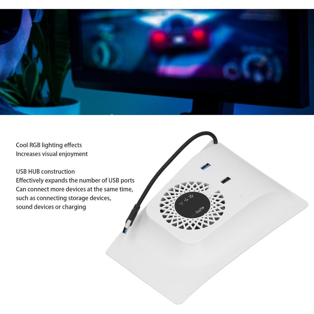 RGB-Lüfter mit Plattenabdeckung für PS5 Slim Digital/Disc, Automatische Geschwindigkeitsanpassung durch Temperatursensor, 3 Lüftergeschwindigkeiten manuell & USB3.0-Hubs, Kühlsystem