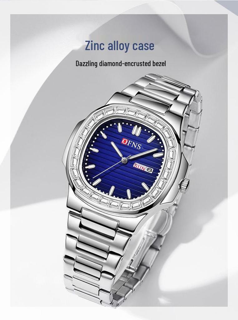 OFNS Men's Classic Quartz Watch: Square Diamond-Inlaid Dial, Dual Calendar, Waterproof, Two-Hand Design