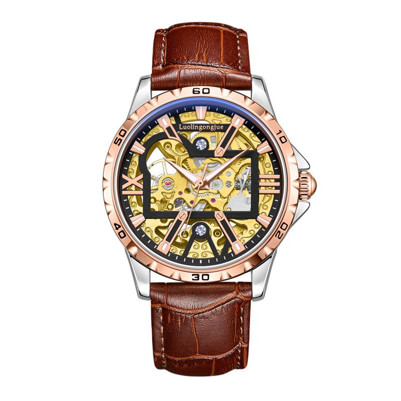 

Модные механические часы-скелетоны Корпус из розового золота Люминесцентные стрелки Мужские часы Роскошный стальной кожаный ремешок leather strap ярко-розовый