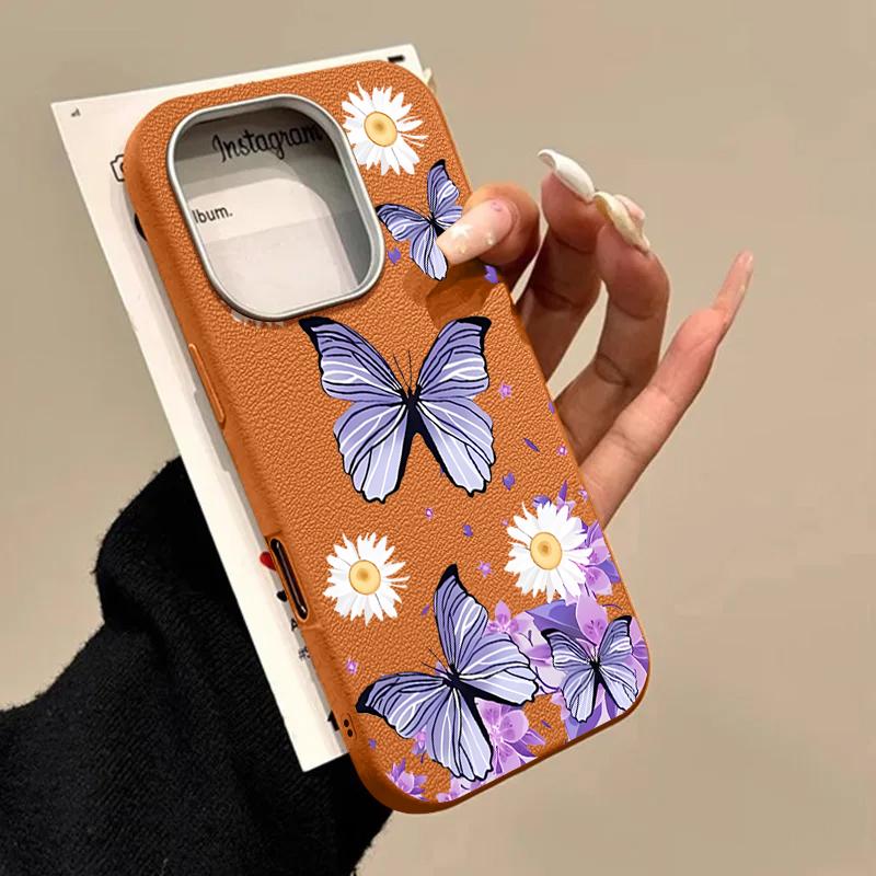 Butterflies Flowers Phone Case For iPhone 16 15 Pro Max 16e 15 14 Plus 13 12 Pro Max 11 Shockproof Leather Texture Soft Colourful Cover