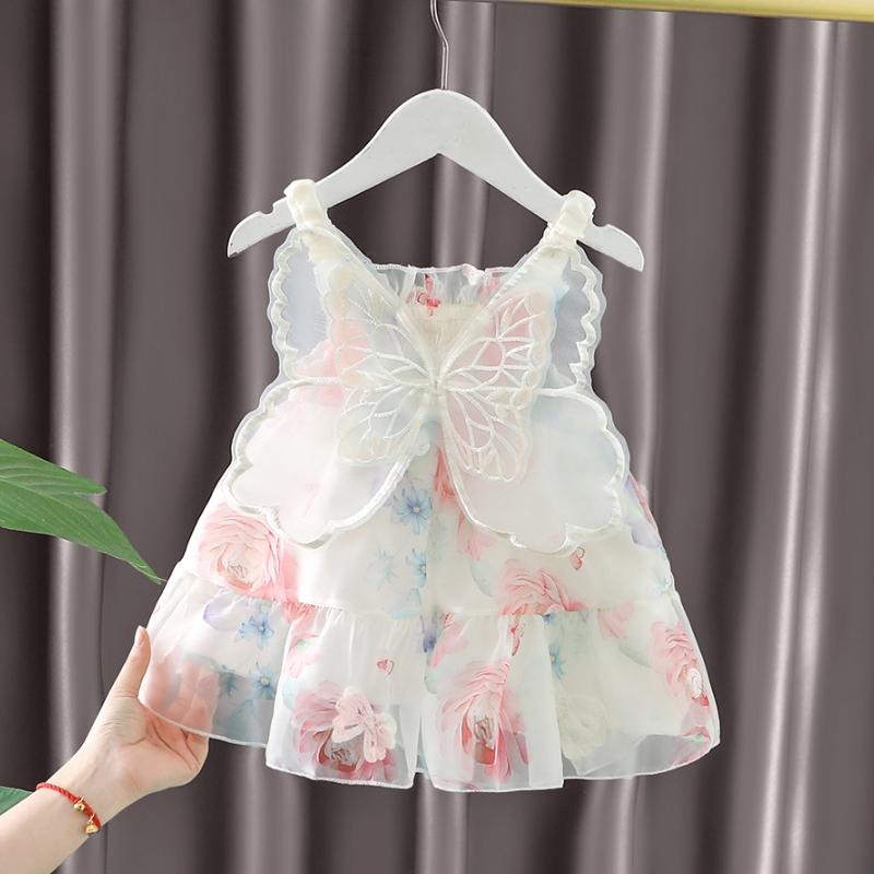 Summer Sweet Winged Princess Dress Fashion Flowers Printed Dress Bow Sleeveless Princess Dress Children's Day Party Dress 0-3Yrs