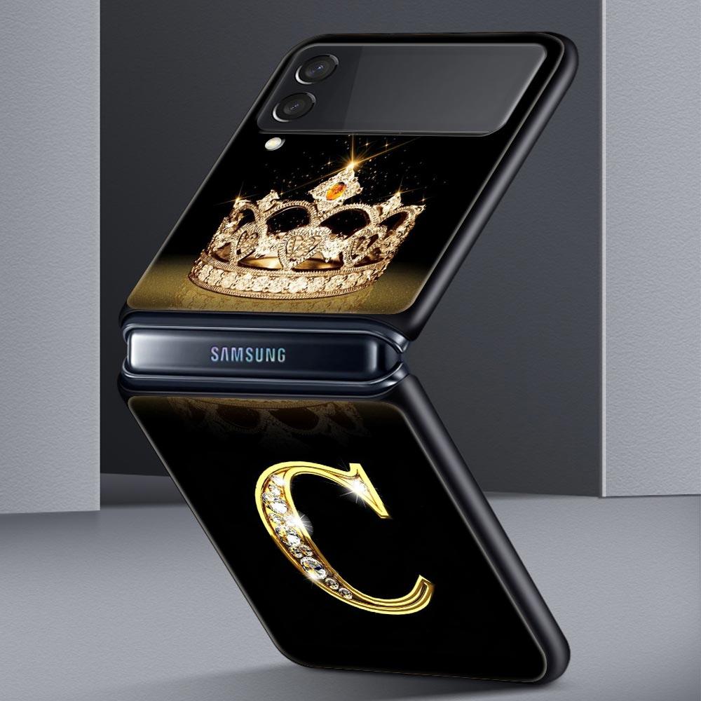 Custodia per Telefono per Samsung Galaxy Z Flip 3 4 5 Pieghevole Guscio Cellulare Duro PC Nero Capa Cover Protettiva Moda Corona di Diamanti Lettera A