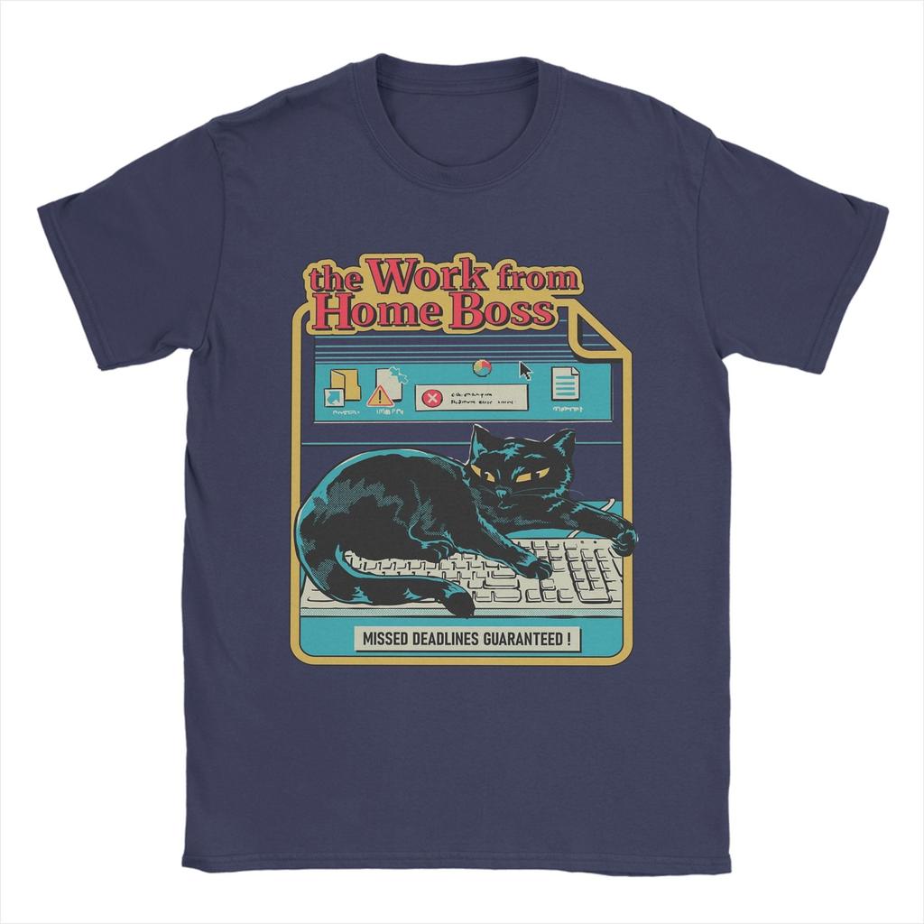 Vintage Work from Home Boss Cat Playing Computer Games T-Shirt Men Pure Cotton T Shirt Short Sleeve Tee Shirt Plus Size Clothing