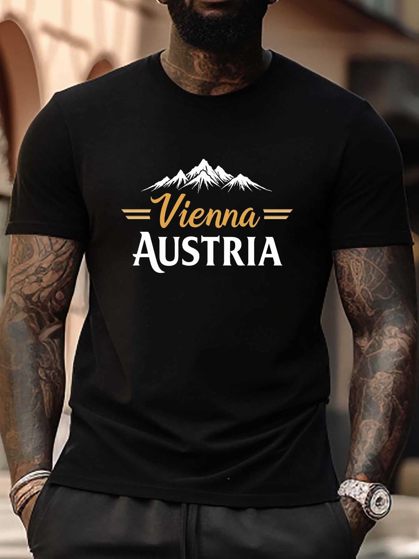 Vienna Austria Mountain Peaks Graphic T-shirt - Black with Golden Lettering L