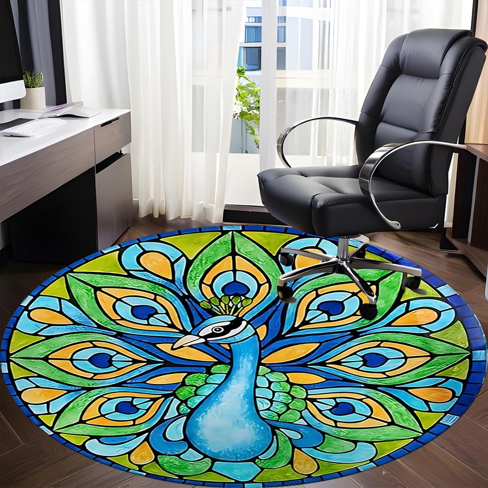 1pc Peacock Stained Glass Office Round Rug, Non-slip, Soft and Durable Office Rug for Interior Decoration, Perfect for Office,Decoration yy260204045