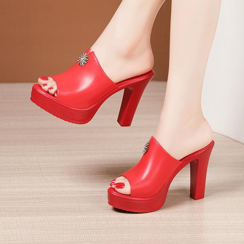 10cm Small Size 32-43 Elegant Open Head Block High Heels Shoes Summer Slippers 2025 Women's Soft Leather Slides Platform Model