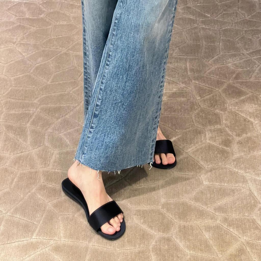 Sheepskin Simple Fashion High Sense Satin Open-toed Flat-bottomed Slippers Women's Wear Summer New Versatile Sandals