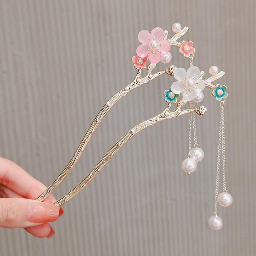 Pink/White/Blue Flower Hair Sticks Gold Color Alloy Hair Pin Ancient Chinese Floral Headpieces Pearls Pendant Hair Jewelry