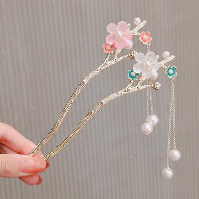 Pink/White/Blue Flower Hair Sticks Gold Color Alloy Hair Pin Ancient Chinese Floral Headpieces Pearls Pendant Hair Jewelry