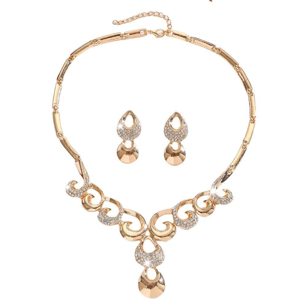 Rhinestone Inlaid Necklace Earrings Set Hollowed-out Women Jewelry Set  Wedding
