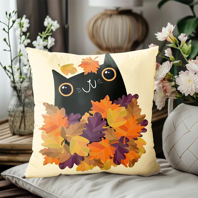 1 Pieces Black Cat with Autumn Leaves Pattern Pillow Polyester pillowcase, sofa decorative cushion cov Headboard Pillow