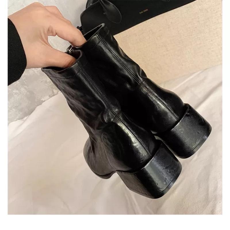 Autumn Design Heel Ankle Boot Fashion Square Toe Zipper Ladies Casual Chelsea Boots Shoes Soft Leather Short Boot