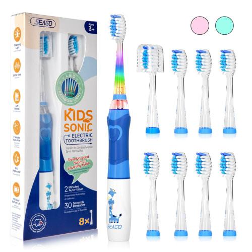 Seago Children's Electric Toothbrush for Toddlers and Elementary Schoolers Ages 3-12, Includes 8 Replacement Brush Tips, 2-Minute Timer, IPX7 Waterpro
