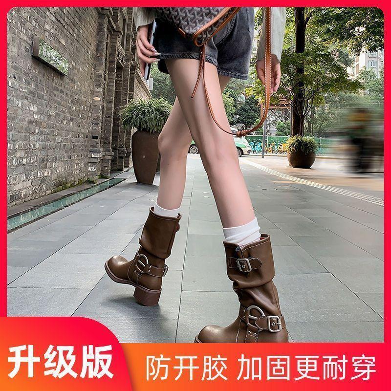 Western Cowboy Belt Buckle Pile Boots Medium Boots Tall Knight Boots Thick Heel Square Head Martin Boots