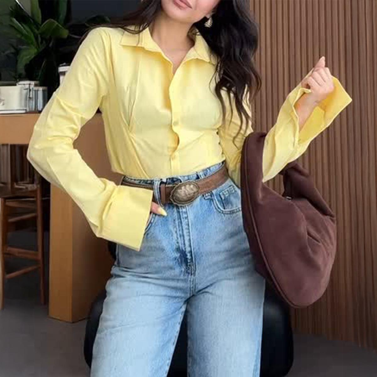 

Elegant Solid Color Button Long Sleeve Shirt Tops Women 2025 Autumn Winter S жёлтый