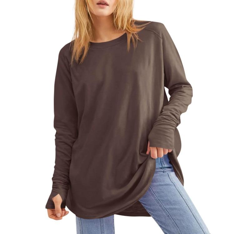 Loose Long Sleeve T Shirt Women Solid Round Neck Medium Top Thumb Hole