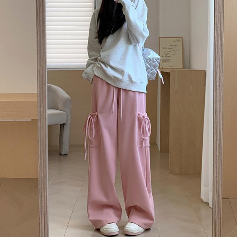 Pink Sports Pants for Women In Spring and Autumn New High-waist Loose Lace-up Bow Straight-leg Pants Design Sense Casual Wide-leg Pants