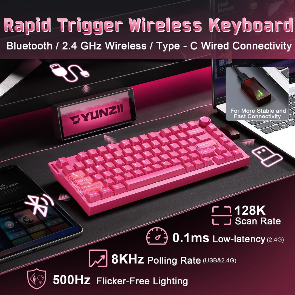 YUNZII RT75 PRO Wireless Gaming Rapid Hall Effect Mechanical Magnetic 8KHz Polling Rate 128K Adjustable RGB Compatible Autumn Magnetic Red Keyboard,
