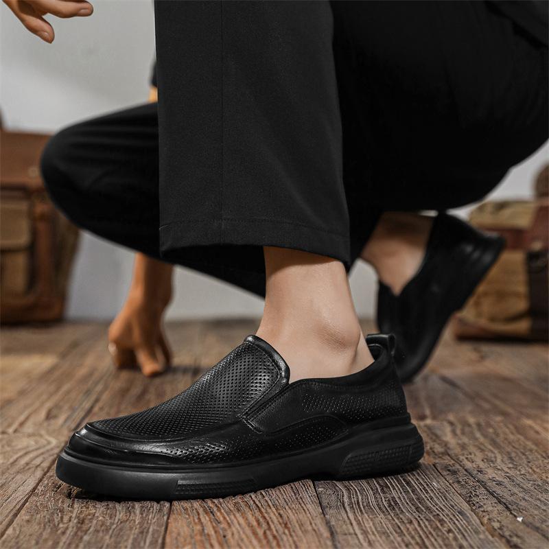 Leather shoes men's summer business leisure work shoes hollow breathable punched soft leather all black pure cowhide men's shoes
