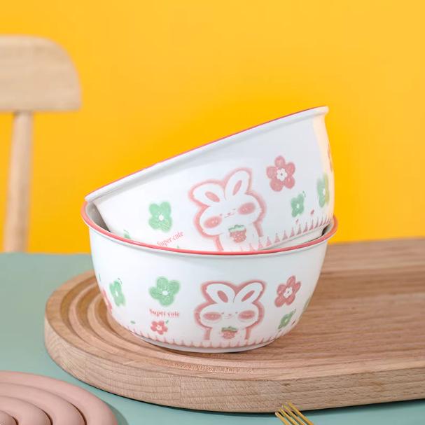 4-Piece Pink Rabbit Ceramic Tableware Set for Couples with Bowls, Plates, and Chopsticks.