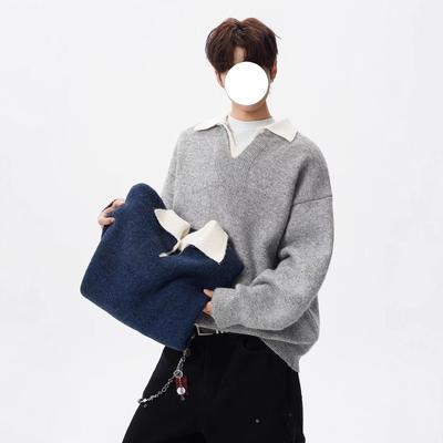 Men's Stylish Retro Knit Polo: Faux Two-Piece, Light Luxury, Casual, Heavy Knit Lapel Sweater