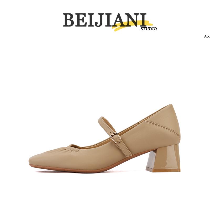 BEIJIANI Mary Jane na grubym obcasie ze skóry owczej - Damskie miękkie skórzane buty z jednym paskiem