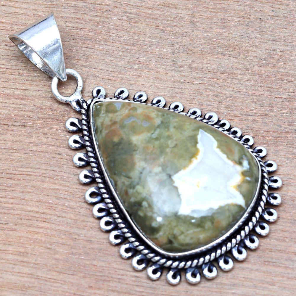 Pendant Rainforest Jasper Gemstone Handmade Silver Jewelry 2"