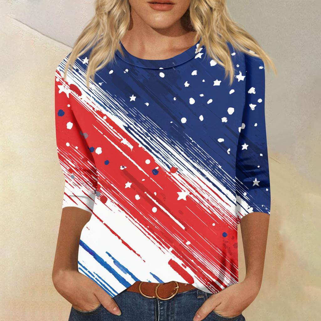 Women's Fashion Casual Seven-Sleeve Independence Day Print Round Neck Top
