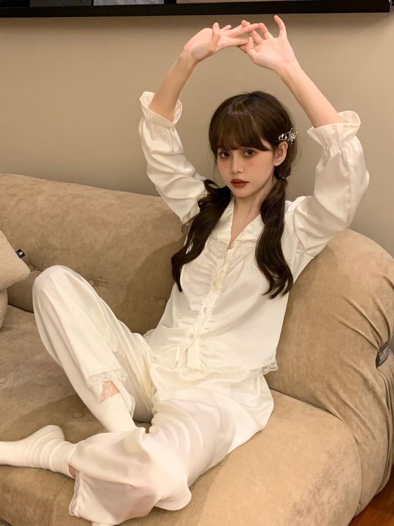 Ice silk pajamas spring new pajamas women's long-sleeved trousers court style girl loungewear Japanese sweet pajamas thin