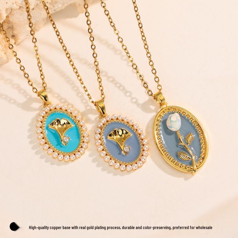 Monet's Garden Pearl Floral Pendant Necklace: Retro Oil Painting Style Clavicle Chain for Women