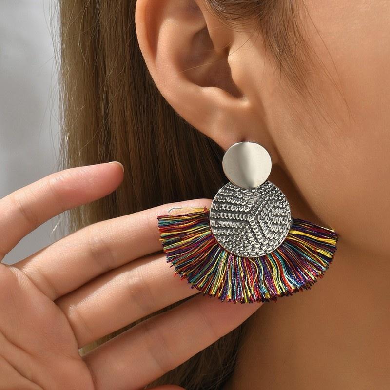 1 Pair Fashion Bohemian Style Fan-shaped Tassel Dangle Earrings For Women Girls Statement Drop Earrings Zircon Accessories